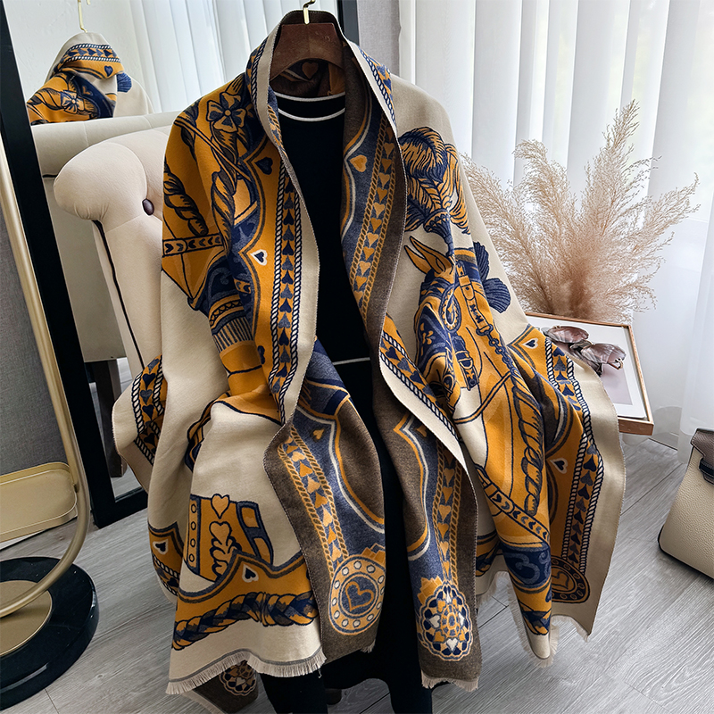 2024 Luxury Brand Winter New Cashmere Feel Scarf Horse Print Thicken Warm Pashmina Foulard Lady Soft Bufanda Shawls Wraps
