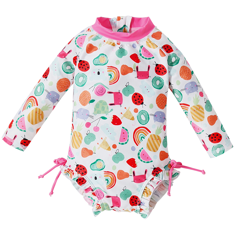 Summer Baby Girl Long Sleeved Swimsuit Sunscreen High Elasticity Fit Printed Pattern Fashionable Cute Swimming Pool Sand 1-6Y
