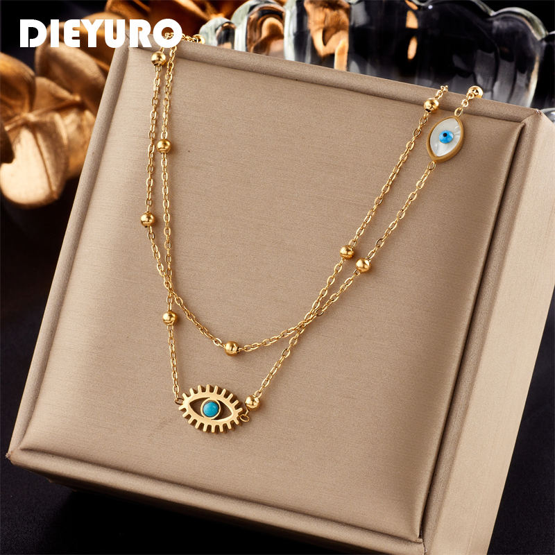 DIEYURO 316L Stainless Steel Gold Color Multilayer 2in1 Necklace For Women New Design Girls Punk Chains Hip Hop Jewelry s