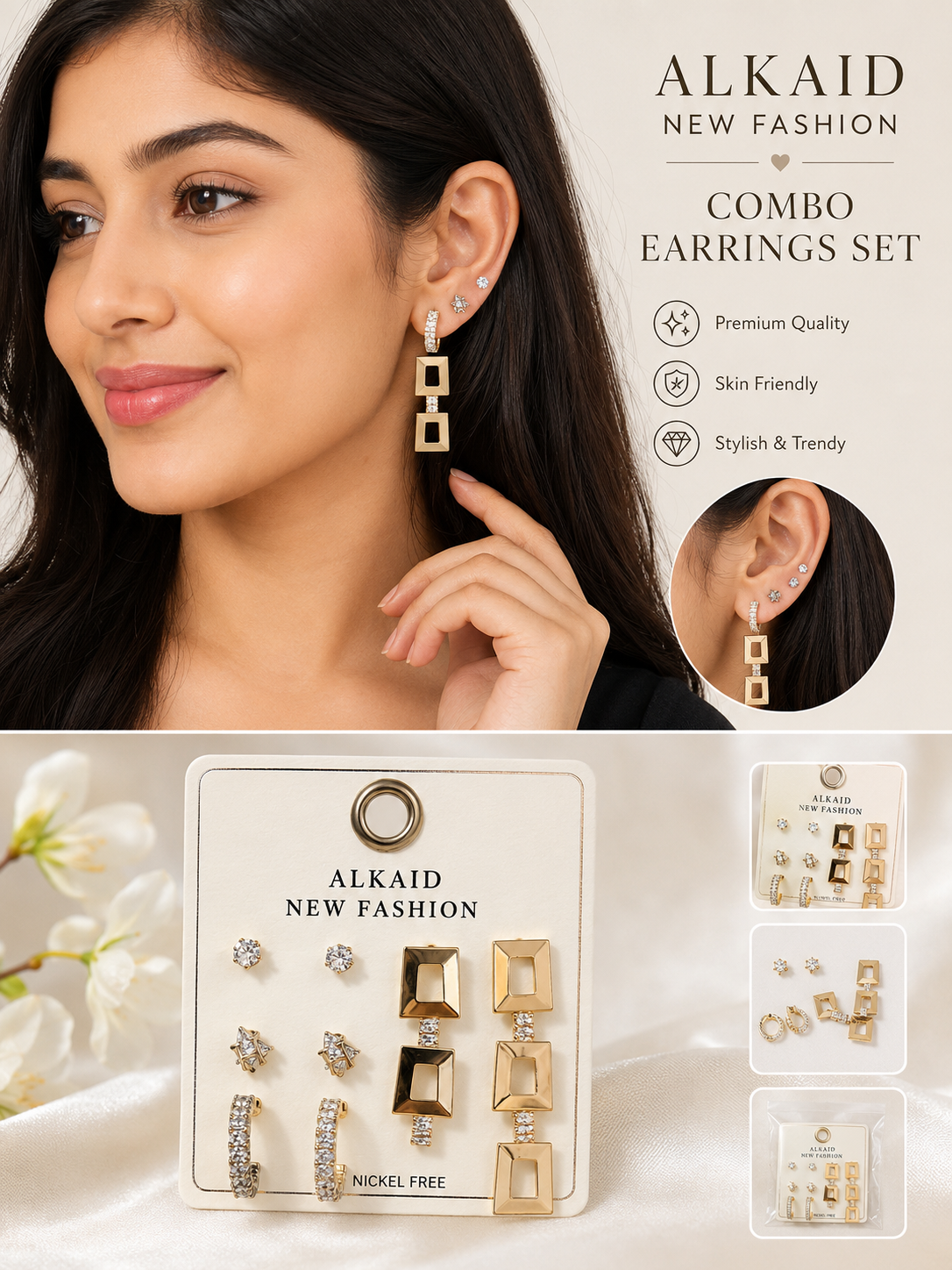 Women's Gold Plated Combo Earrings Set | 4 Pairs Fashion Stud & Hoop Earrings | Lightweight Party Wear Jewelry
