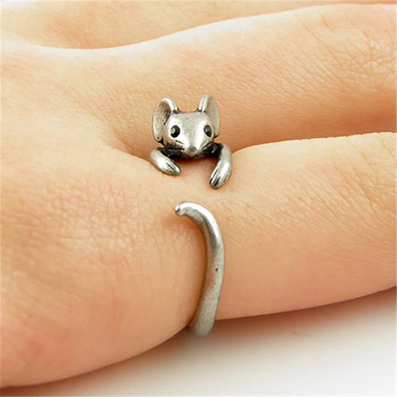 Huitan Vintage Mouse Animal Finger Ring for Women Antique Silver Color Gothic Knuckle Rings Fancy 2023 Hot Jewelry