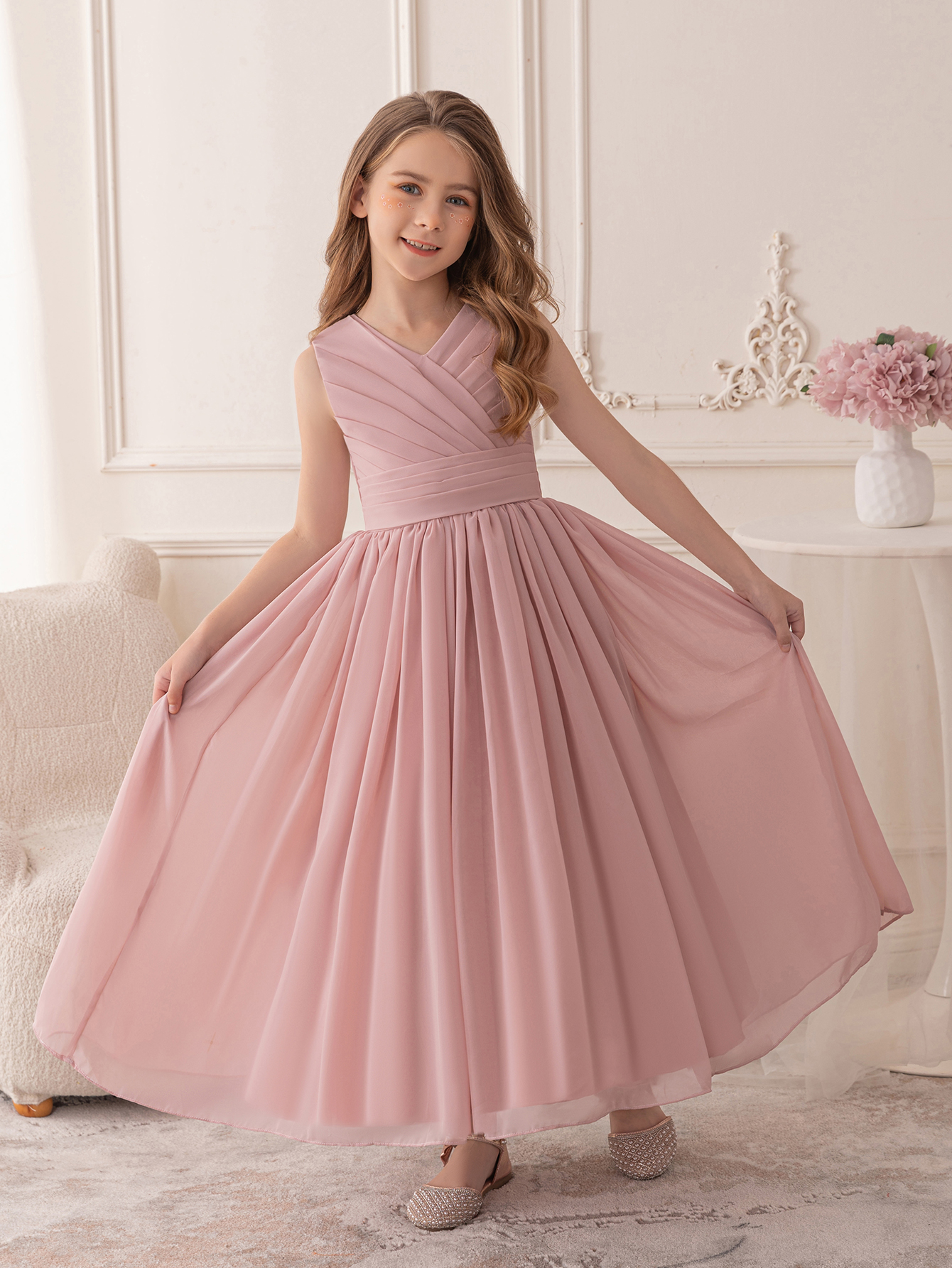 Tween Girls Pink Chiffon Dresses Wedding Party Long Dress Evening Gown