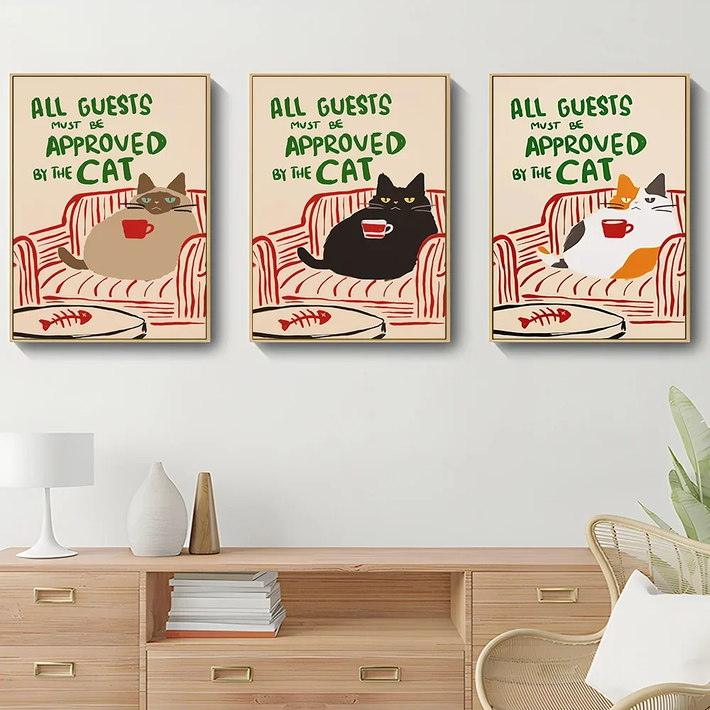 Funny Cute Cats Abstract Poster "All Guests Must Be Cat Approved" Animal Art Painting for Home Living Room Wall & Tabletop Decor
