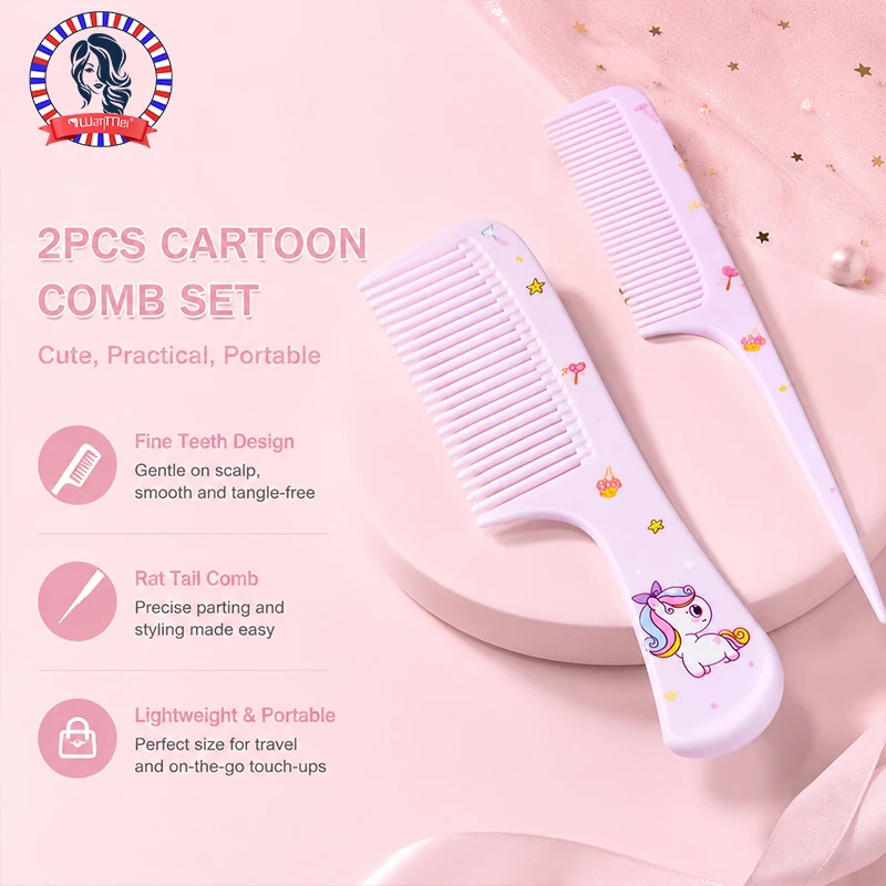 2pcs Cartoon Cute Small Comb Set, Fine Tooth Rat Tail Comb, Portable Hair Comb, Hair Accessories for Teen Girls