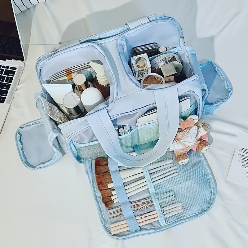 1pc, Women's Large Capacity Travel Makeup & Toiletry Organizer - Durable Nylon with Handle,Multiple Compartments, Sturdy Design