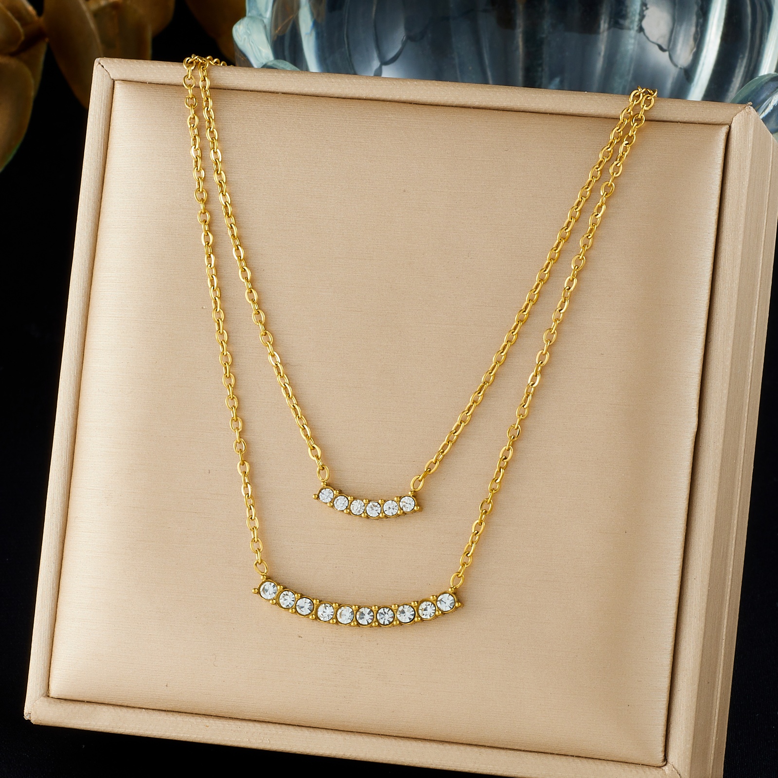 Stainless Steel Golden Line Inlay Round Zircon Double-layer Necklace Lady Fashion Non-fading Neck Chain Jewelry
