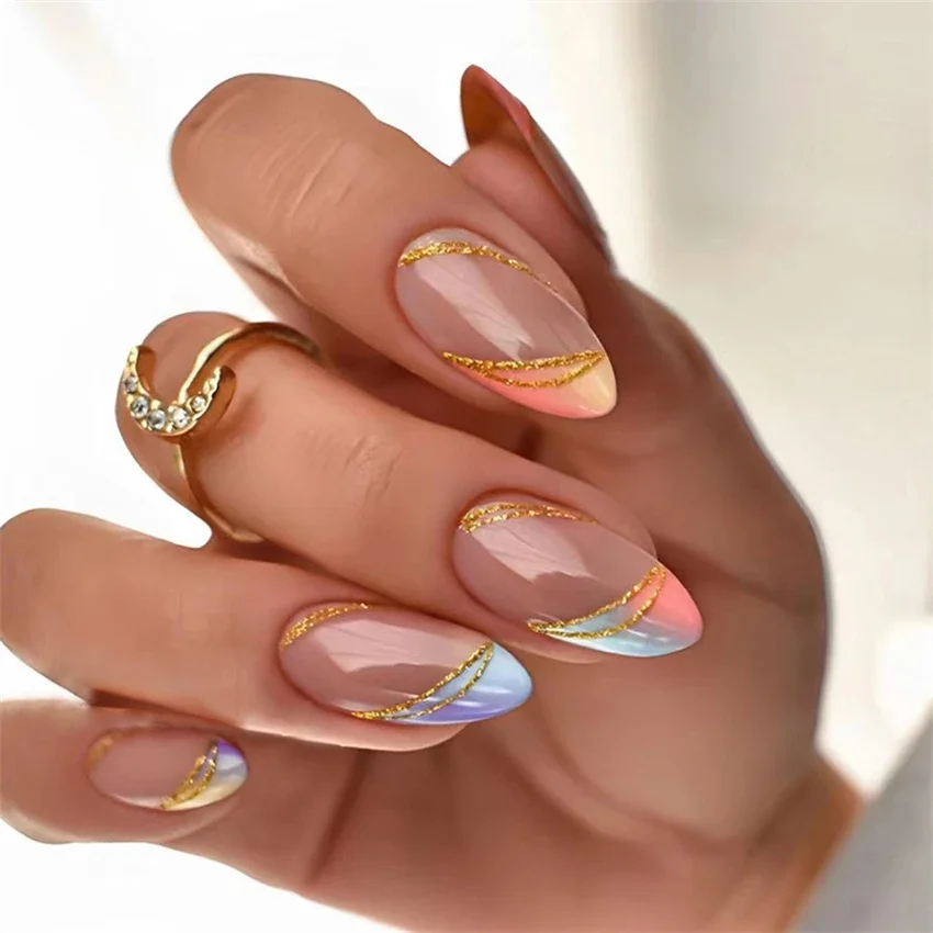 24Pcs/Set Round Head Almond Press on Nails Colorful Gradient French Gold Powder Lines Wearing False Nail Acrylic Fake Nails Art