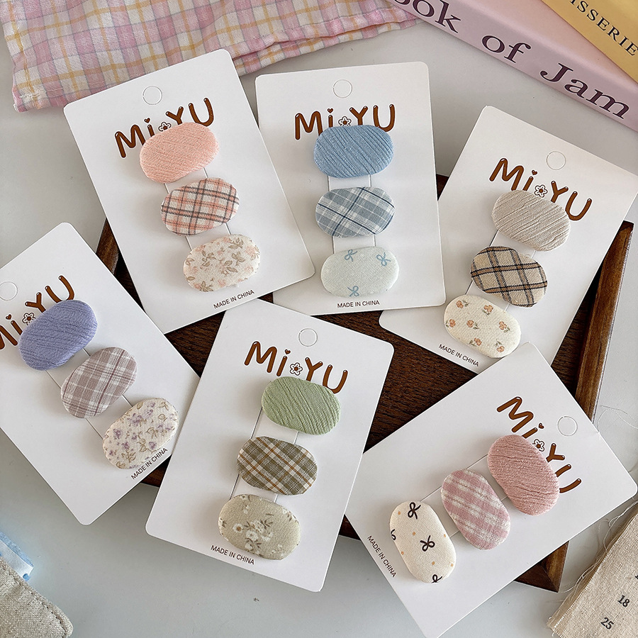 3pcs Korean Style Sweet Fabric Hair Clips for Children Plaid Floral Design Girl's BB Hairpin Cute Small Bangs Hair Clip