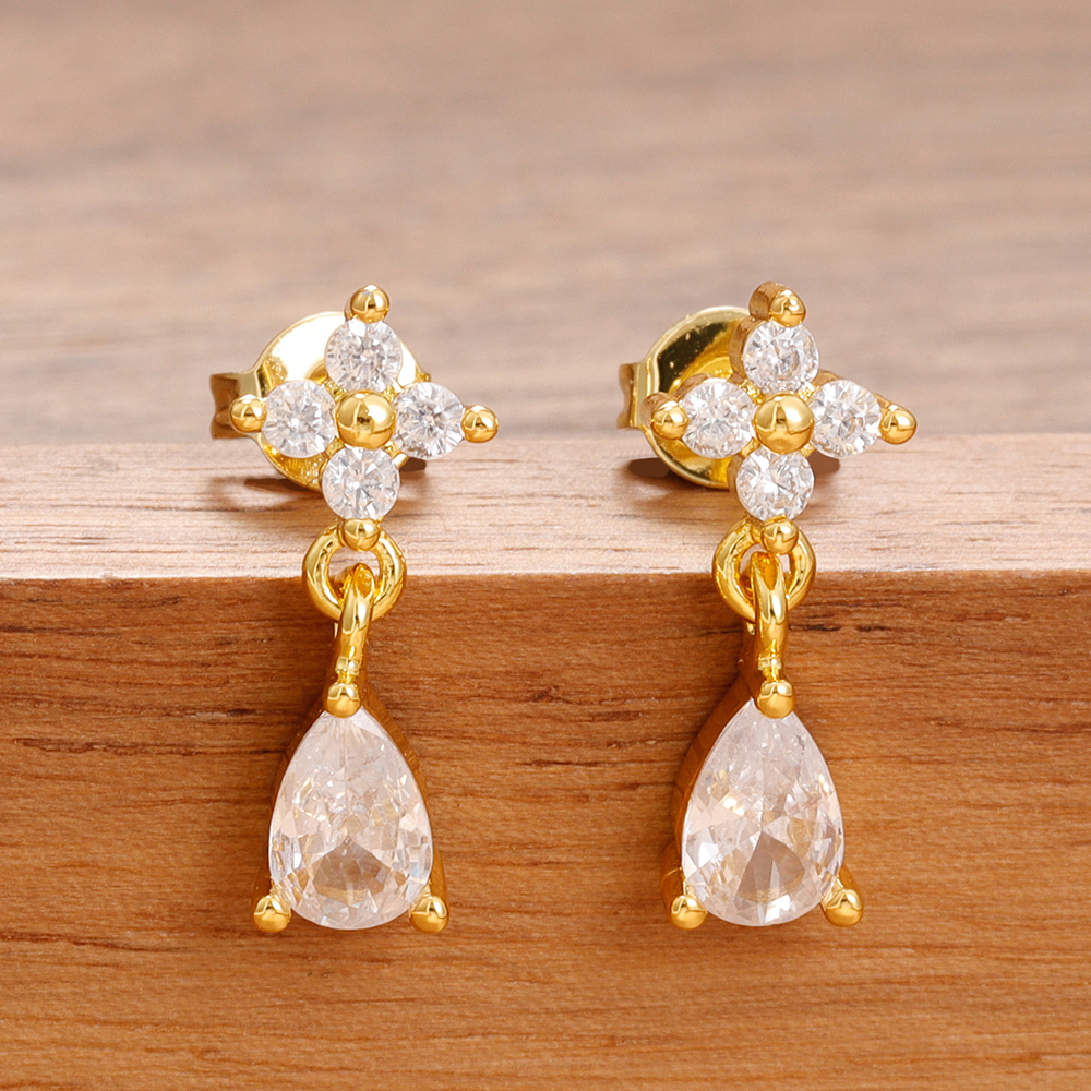1 pair Fashion Simple Lucky Flower Water Drop Pendant Sparkling Zircons Dangle Earring For Woman Piercing Jewelry