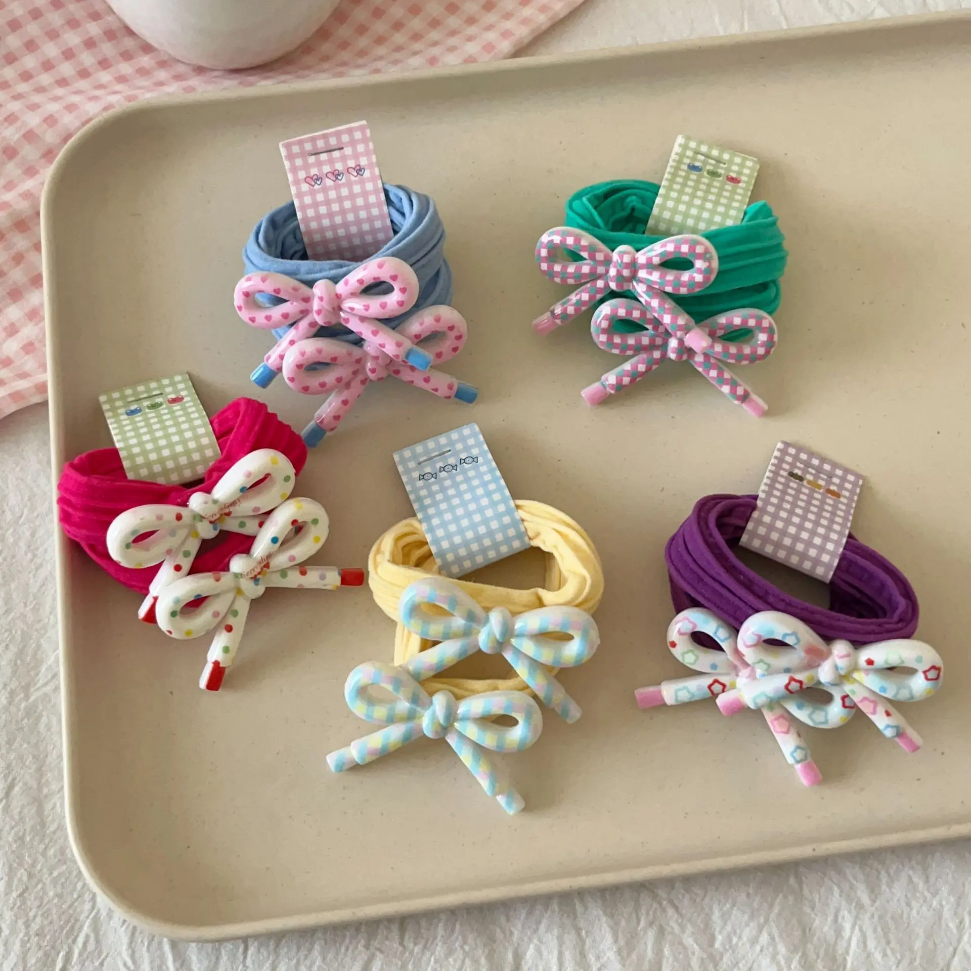 Women's Hair Ties Floral Striped Bow Towel Cute Kawaii Girlish Double Ponytail Hair Ties Funny Girls Fashion Hair Bands