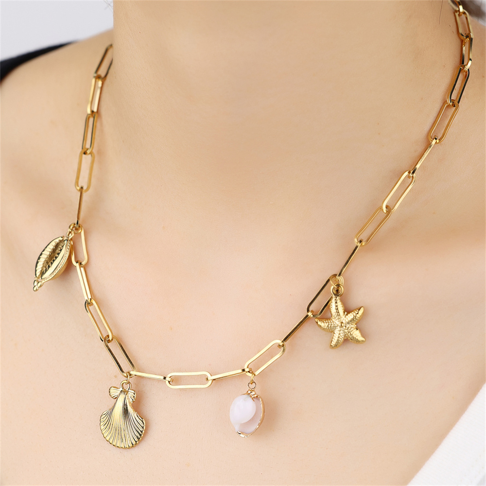 Kissmoon Trendy Shell Starfish Conch Pendant Necklace for Women Stainless Steel Summer Beach Jewelry Paperclip Chain Accessories