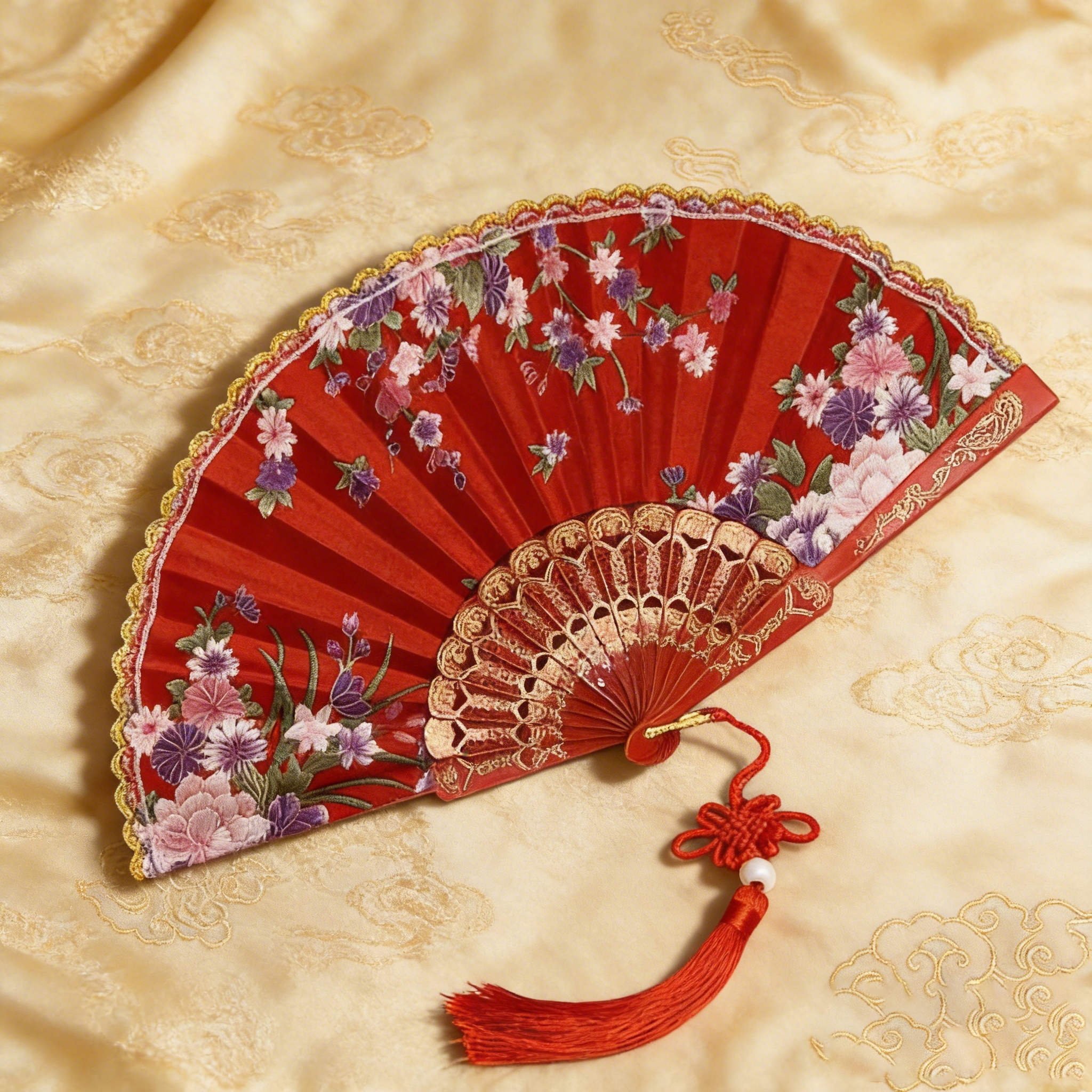 1Pc Red Floral Folding Hand Fan Ancient Style Chinese Fan With Tassel For Women Wedding Dance & Spring Summer Daily Decoration