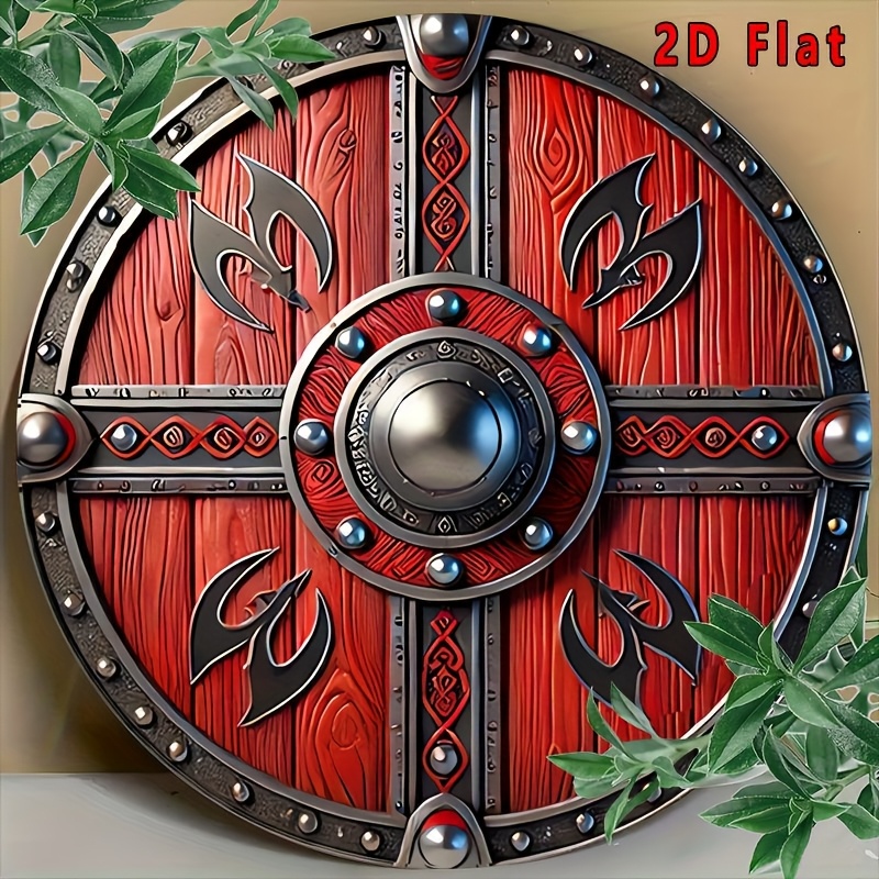 2D Flat 1pc, Vintage Viking Shield Metal Wall Art | 20.32x20.32cm Round Tin Sign | Traditional & Contemporary Design