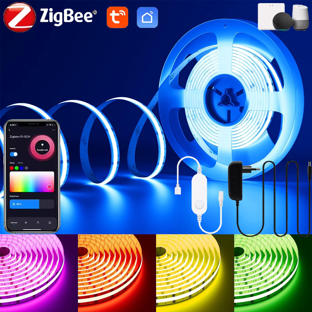 Zigbee 3.0 DC24V COB LED Strip Light Tape RGB FCOB LED Light Strip 1-5M TV Bedroom Party DIY Decor APP Control for Alexa