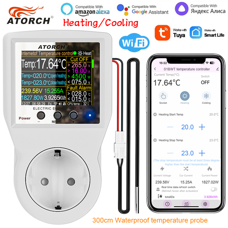 AVATTO WiFi 16A Outlet Plug Remote Temperature Controller Cooling&Heating,Thermostat Socket 3M NTC Sensor,Tuya Alexa Home
