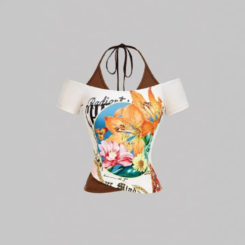 Y2K Summer Retro Women's Street Trendy Printed INS Fake Two Piece Neck Hanging Slimming T-shirt