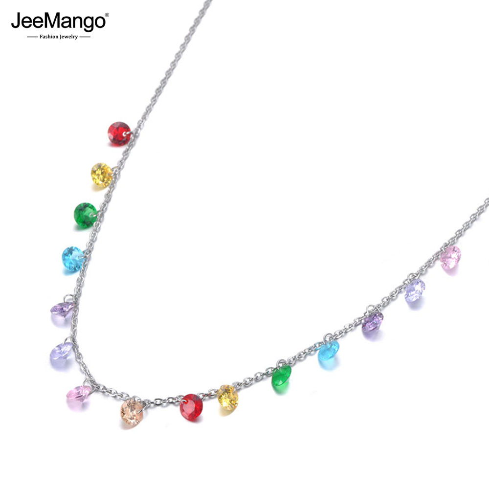 JeeMango Fashion Bohemia Stainless Steel Colorful CZ Crystal Choker Necklace Summer Beach Pendant Necklace For Women JN19125 pen gpt