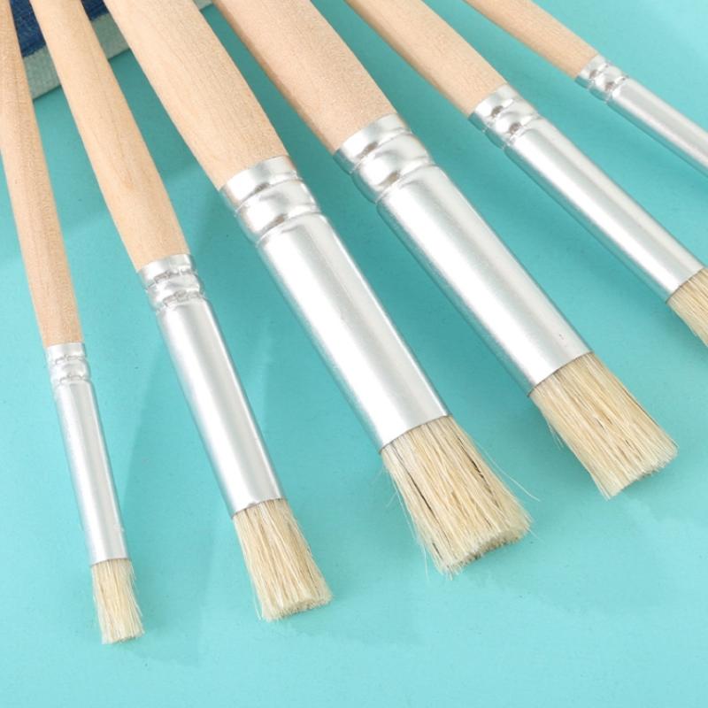 New 6-pack Piggy Mane Oil Brush Round Head Wooden Handle Hard Hair Set Paint Brush Pier Pen Professional Art Cleaning Brush