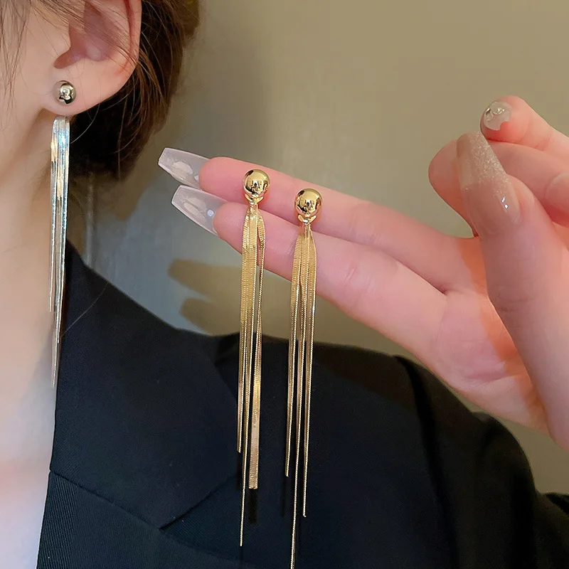 Golden Flat Snake Chain Tassel Dangle Earrings for Women Long Chains Pendant Earring Minimalist Stainless Steel Hanging Decor F pen gpt