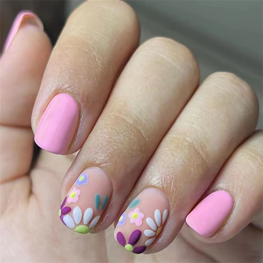 24pcs Matte Texture Pink Tender Small Flowers Cute Short Press on False Nail Art Tip Full Detachable Fake Nails Finished Product