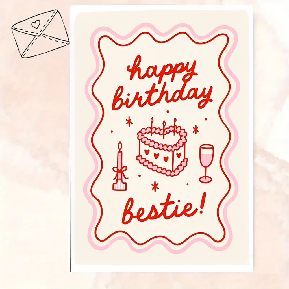 1 set Funny Heart Cake Birthday Card- "Happy Birthday Bestie!" | Cute Spring Gift for Best Friend, Sister| Playful Greeting Card