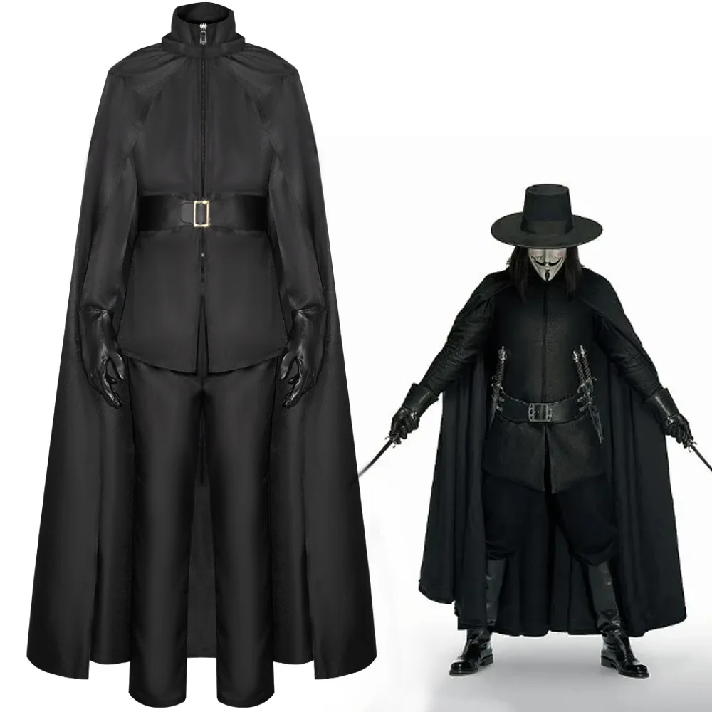 V for Vendetta Black Killer Suit Cosplay Costume with Cloak Halloween Masquerade Carnival Party Outfits for