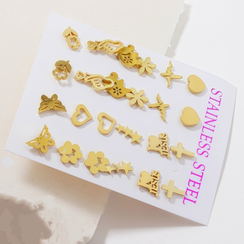 Randomly Selected 12 Pairs of Stainless Steel Necklace and Earring Sets, Various Earrings with Designs Like Stars, Moon, Animals, Etc. , Cheap and Beautiful Small , Available for Wholesale