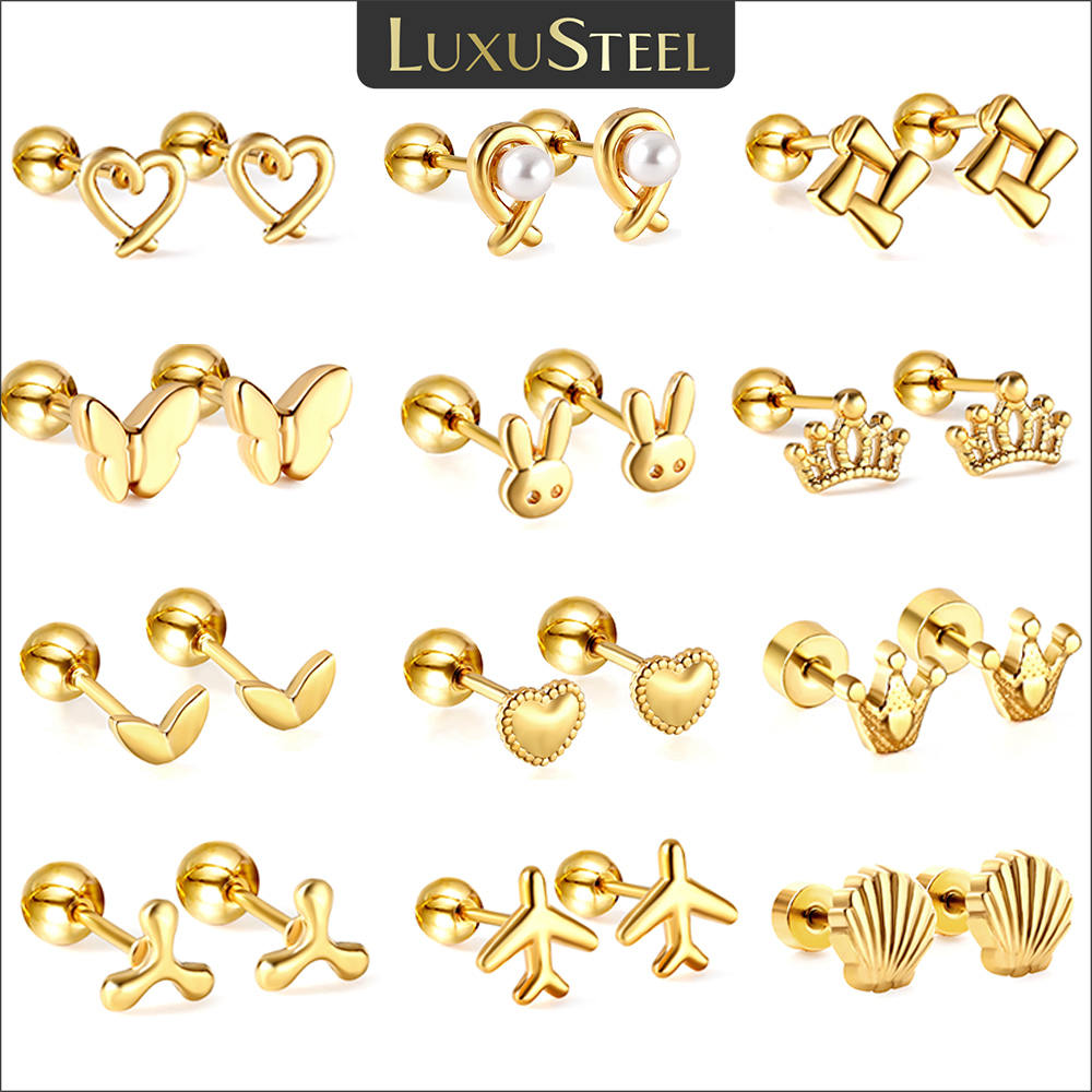 LUXUSTEEL Mini Cute Stainless Steel Stud Earrings Women Girls Heart Butterfly Rabbit Helix Ear Cartilage Piercing Jewelry