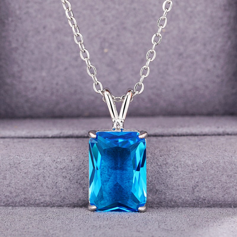 Huitan Blue Cubic Zirconia Pendant Necklace for Women Simple Luxury Bridal Wedding Party Neck Necklaces New Arrival Jewelry
