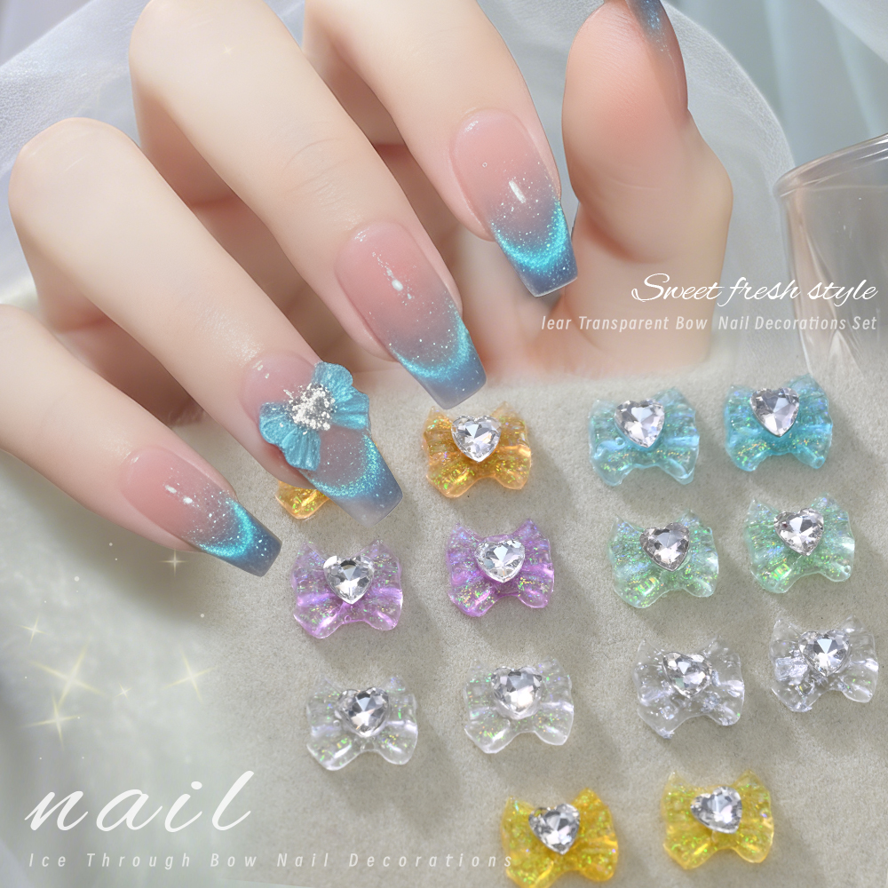 10Pcs 3D Ice-Transparent Bow Nail Charms with Sparkly Heart Crystal Bowknot Nail Art Decorations DIY Manicure& Crafts Supplies