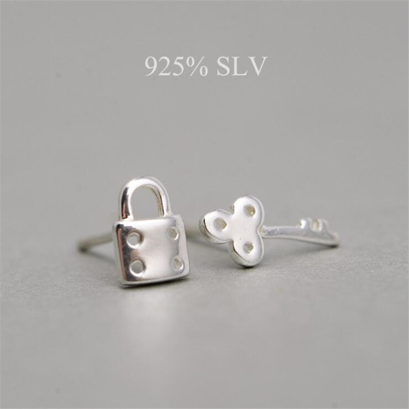 New Creative And Personalized 925 Sterling Silver Jewelry Personality key lock Asymmetrical Stud Earrings E040