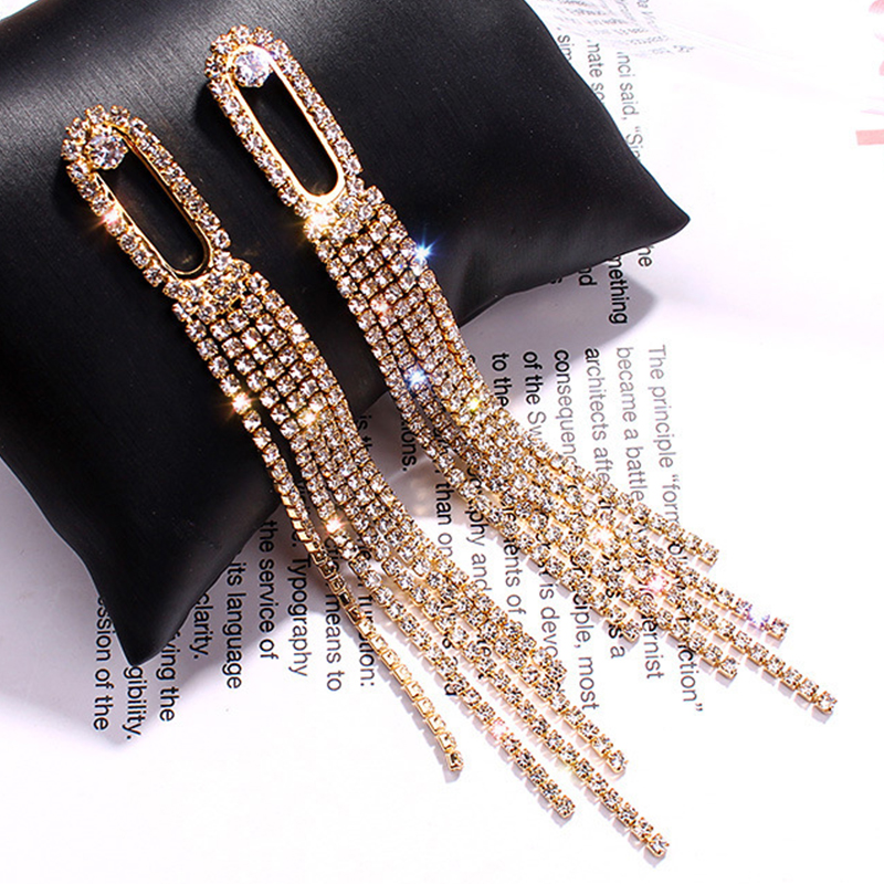 New Korean Long Tassel Pearl Dangle Earrings For Women Luxury Full Rhinestone Gold Color Drop Earring Wedding Party Jewelry