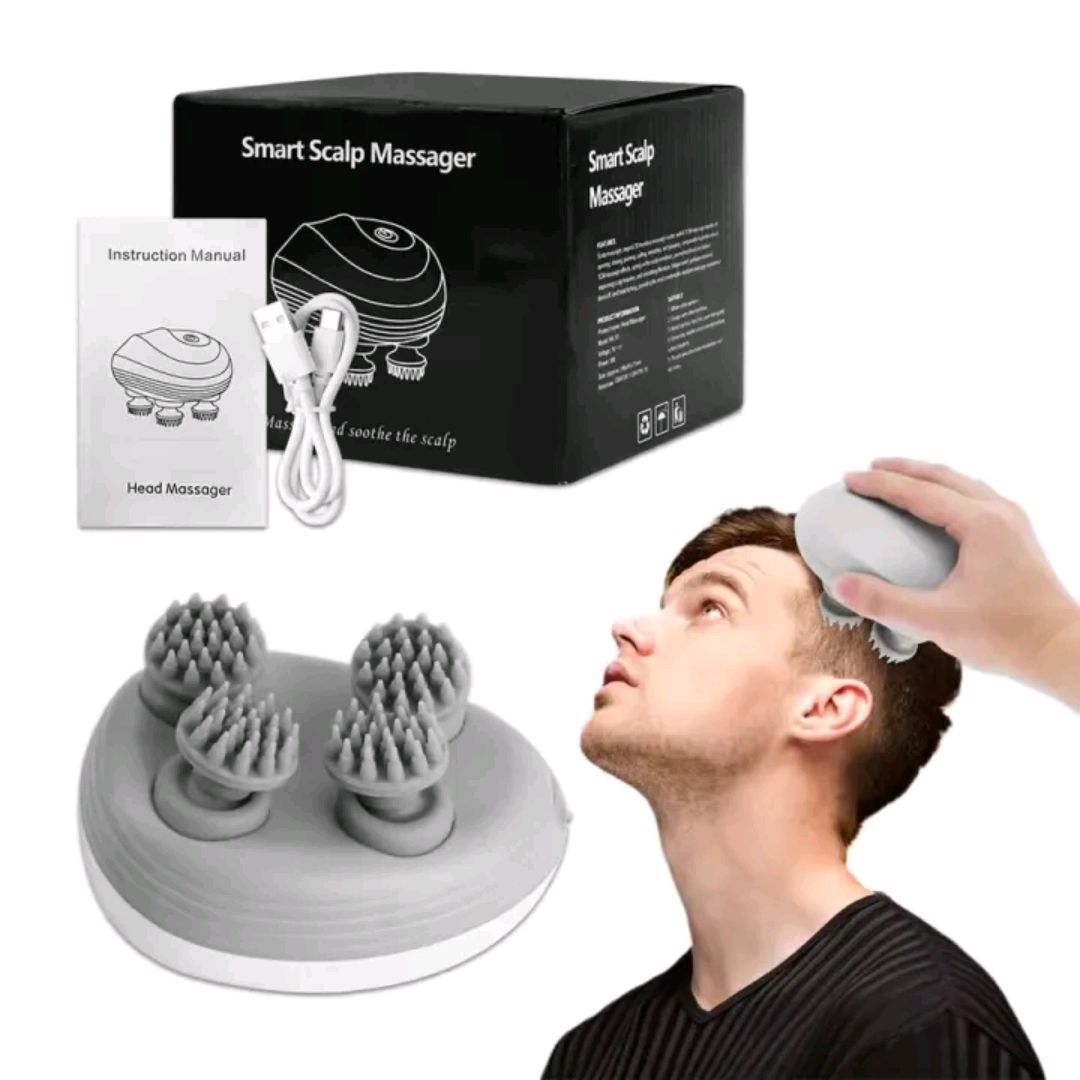 Smart Electric Scalp Massager - Rechargeable Waterproof Head & Body Massager with 4 Rotating Nodes - Deep Tissue Kneading for Stress Relief, Hair Growth & Muscle Relaxation