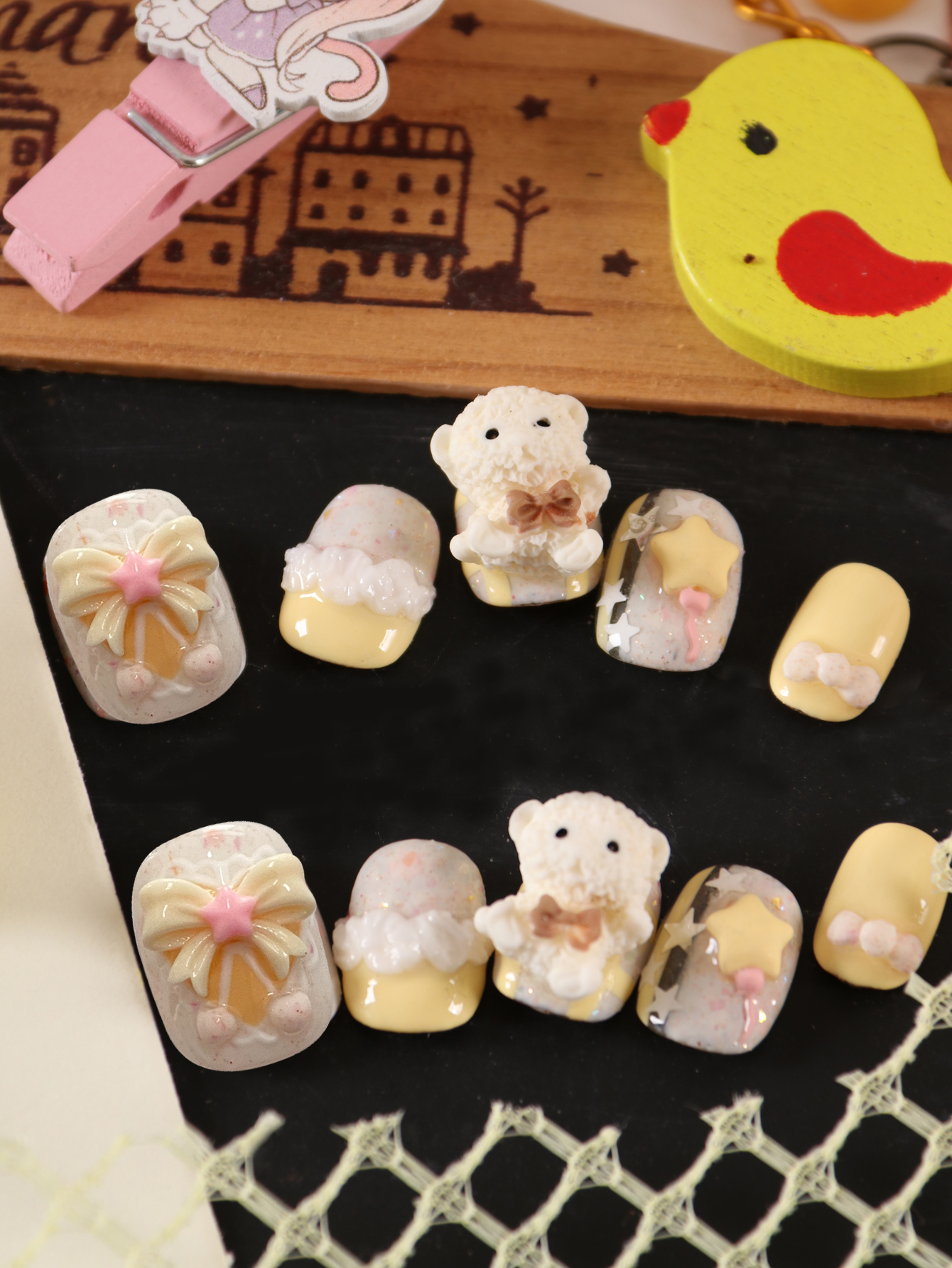 10Pcs Press on Nails Short Yellow Cute Little Bear French Style Fake Nails Includes 1 Sheet Adhesive Tabs & 1 Pc Mini File