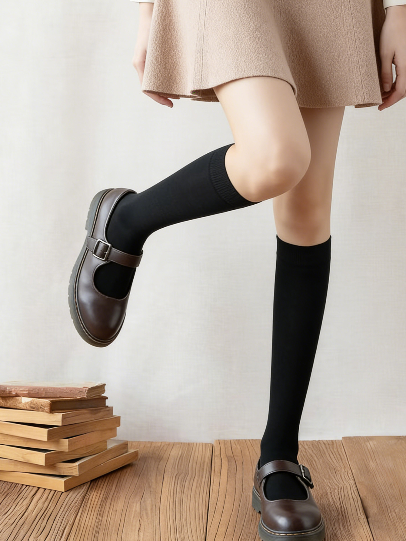 1 Pair Women's Solid Color Velvet Knee-High Stockings, Autumn & Spring Thin Mid-Calf Socks, Anti-Snag High Elastic