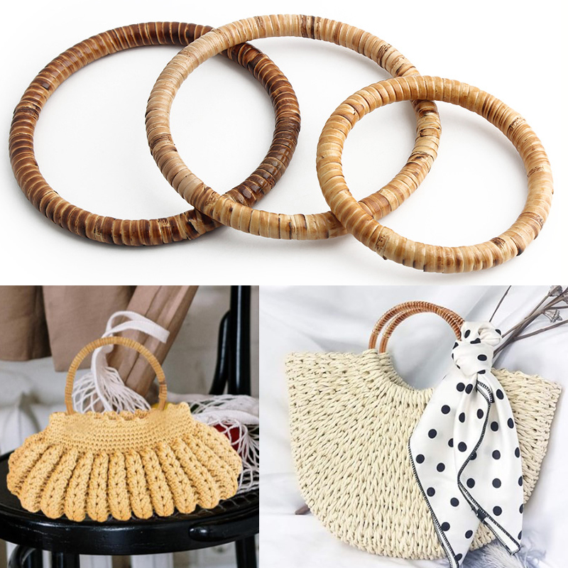 2PCS Charcoal Bamboo Rattan Circle Woven Bag Handle Beach Bag Messenger Bag Wrist Bag Decorative Handle Handle Accessories
