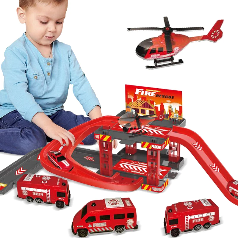 Kid Rail Parking Lot Toys Dinosaur Car Parking Building Model Simulation Fire Police Engineering Vehicle Toy Boys Birthday