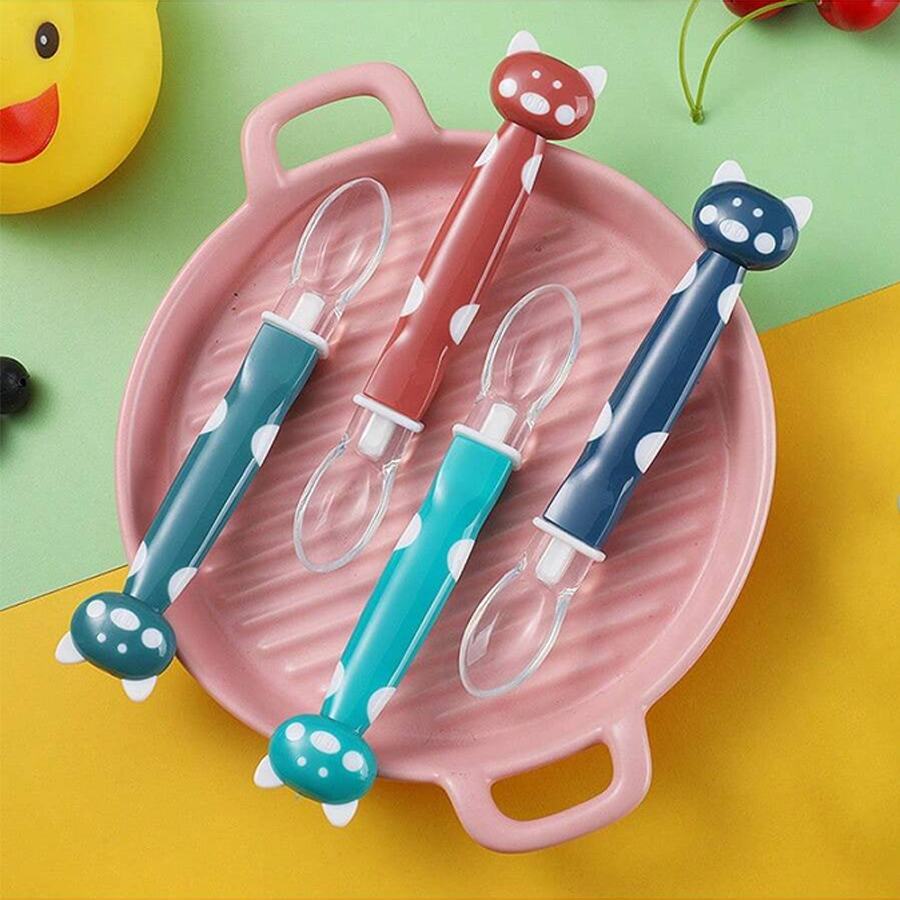 2 Pcs Baby Feeding Spoon Cute Piggy Shape Train eat independently Silicone Bend Spoon Head Plastic Handle Comfortable pen gpt