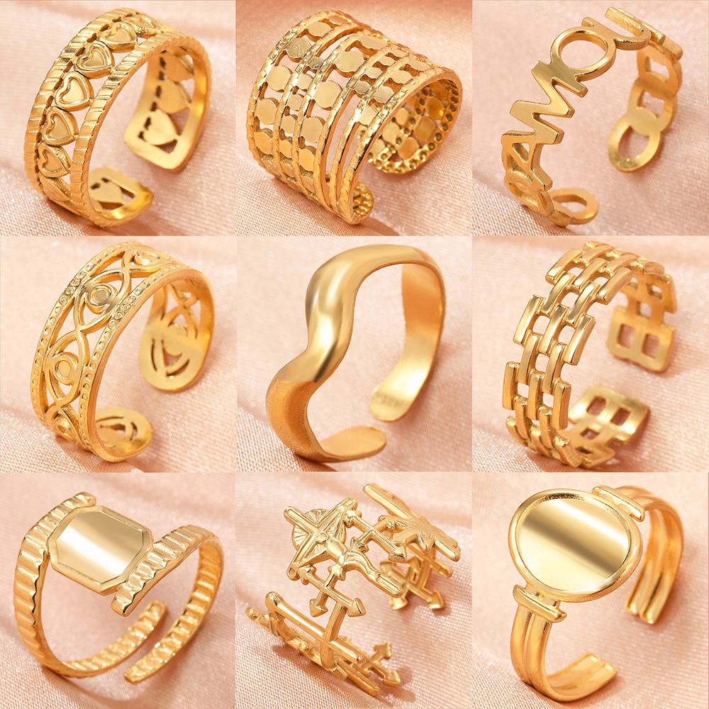 316L Stainless Steel Rings Vintage Geometric Hollow Adjustable Open Ring Fashion Light Luxury Golden Ring For Women Jewelry pen gpt