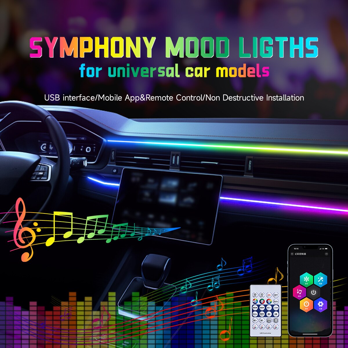 RGB USB Car Interior Ambient Light Rainbow Acrylic Strip LED Symphony APP Music Control Decorative Dashboard Atmosphere Lamp