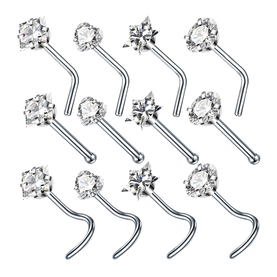 1Pc 20G CZ Zircon Bone L Twist Nose Studs Gold Silver Stainless Steel Nose Nails for Woman Girls Body Piercing Jewelry