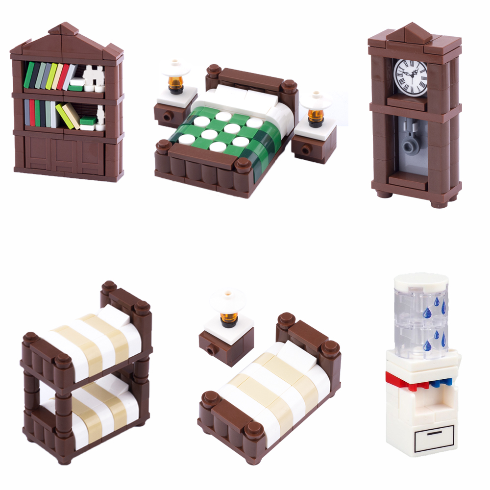 Building Block Furniture House Kit: MOC City Series with bookcase, double bed, bunk bed，Vertical clocks- Creative Toy