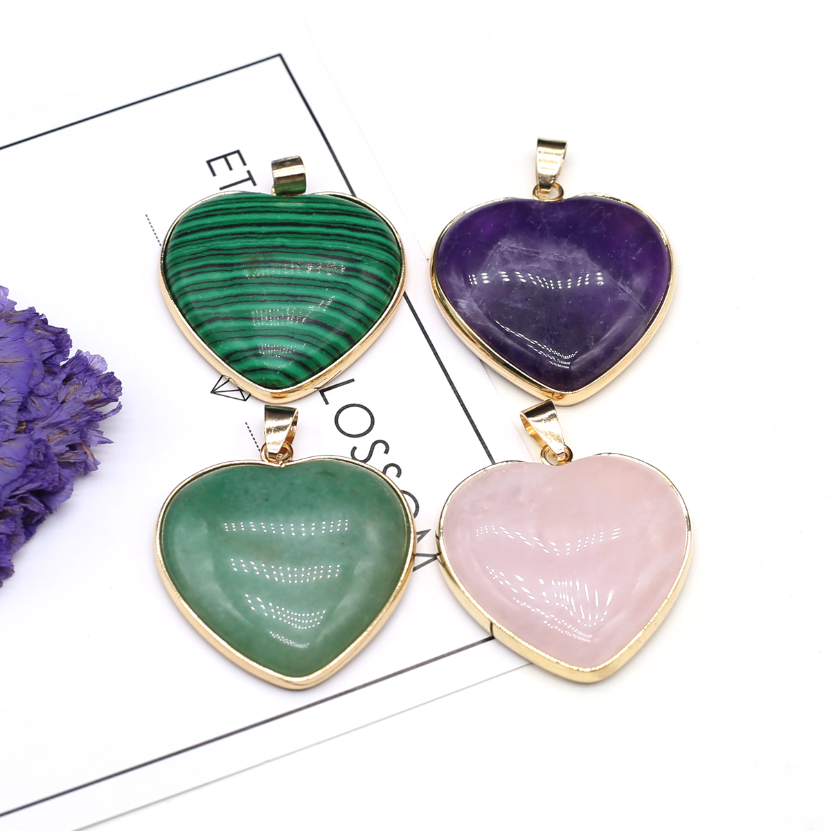 1pc 30mm Natural Stone Love Heart Necklace Pendant Making Jewelry Amethyst Rose Quartz Charm Accessories DIY