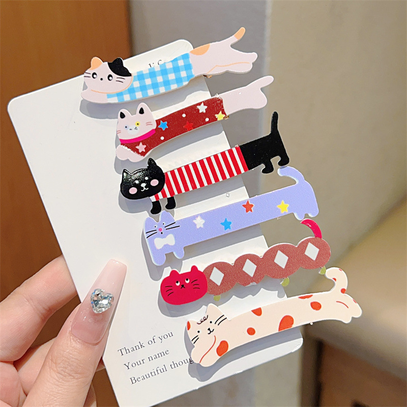 6/12PCS Cute Long Cat Duckbill Clips, Sweet Girlish Bang Clips, New Style Versatile Cartoon Hair Accessories for Women