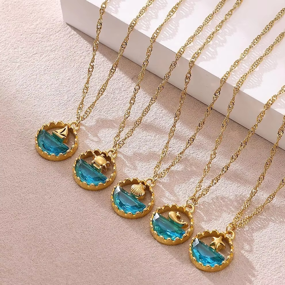 Cute Blue Sea Waves Pendant Necklaces For Women Stainless Steel Ocean Shell Whale Turtle Chain Party Jewelry Water Wave Chain