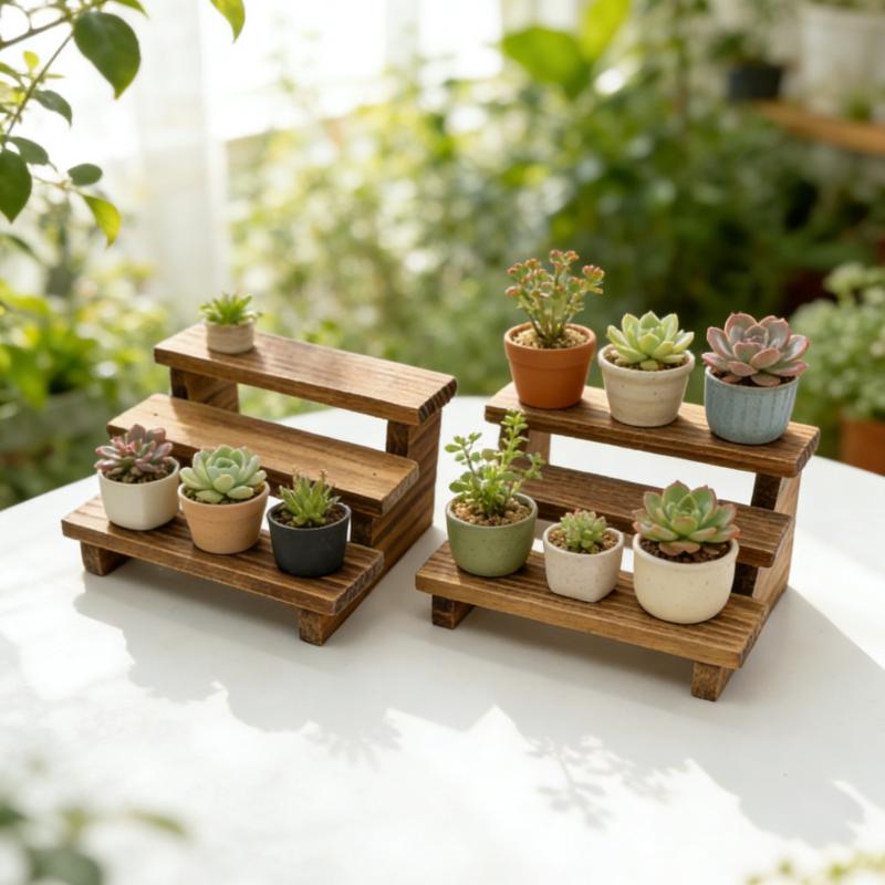 2Pcs Dollhouse Wooden Three Layer Storage Shelf Simulation Mini Garden Flower Stand Doll House Decoration Ornaments