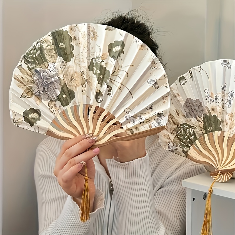 Vintage Chinese Ink Wash Folding Fan - Floral Tassel Dance Accessory with Silk & Bamboo Frame, Portable Handcrafted Women