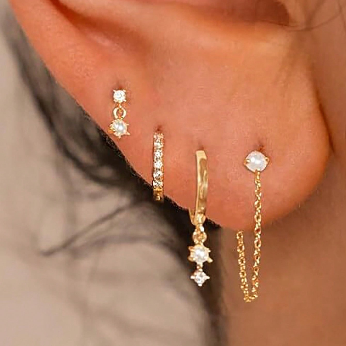 4pcs Women White Cubic Zirconia Gold Color Hoop Earrings Hypoallergenic Cute Cartilage Studs, Trendy Fashion Jewelry