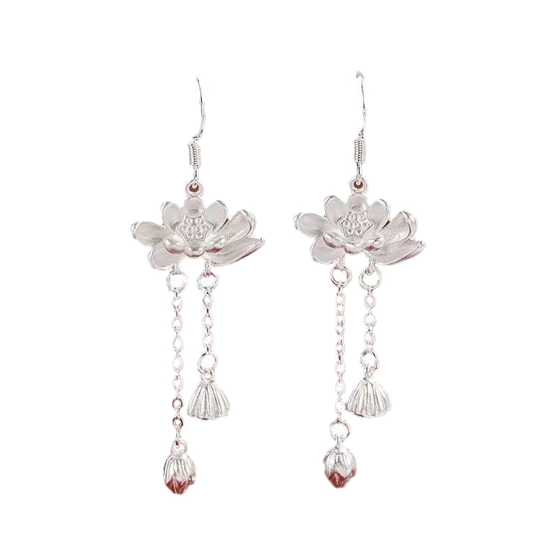 1Pair Fashion Chinese Style Lotus Long Tassel Dangle Earrings For Women Girls Elegant Exquisite Lotus Seed Flower Ear Hook