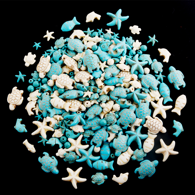 20/30/50pcs Different Sizes Summer Marine Animals Beading Beach Boho Blue/White Ceramic Turtle Starfish Round Beads DIY Jewelry